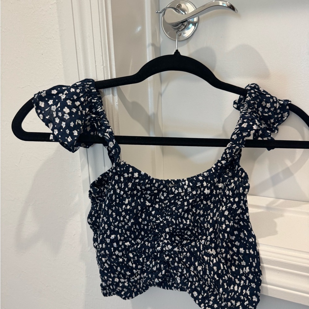 Blue and White Smocked Crop Tank Top
